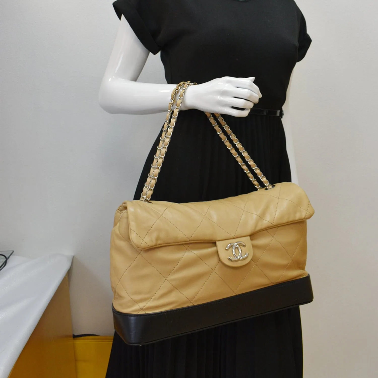 CHANEL Classic Flap Lambskin Leather Tote Bag Beige/Black