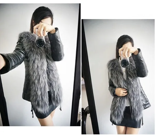 Empire Waist Faux Leather Fur Lapel Jacket