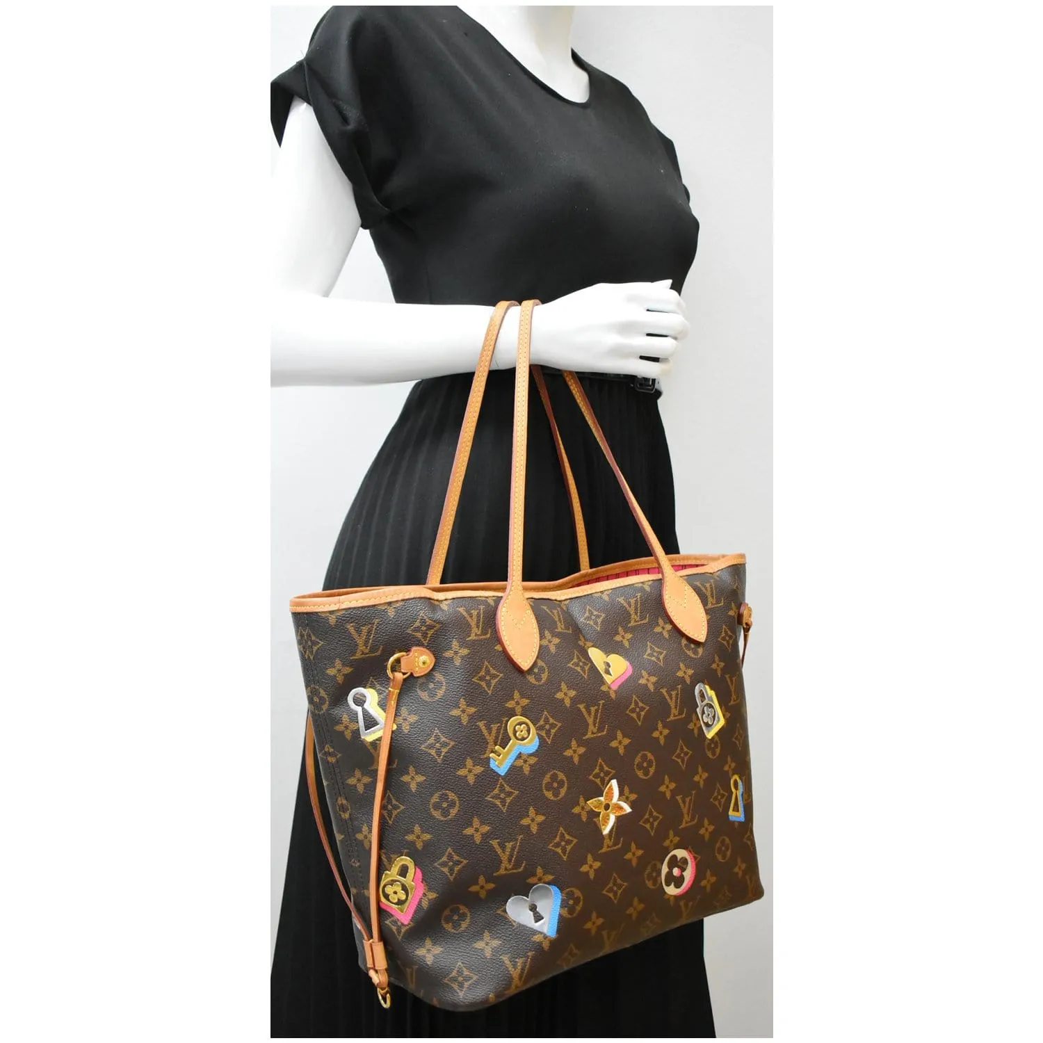 LOUIS VUITTON Love Lock Neverfull MM Monogram Canvas Tote Bag Brown - 10% OFF