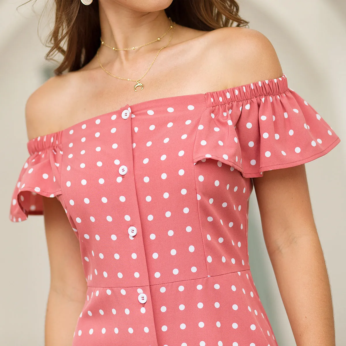 New Ruffled Short Sleeve One-Shoulder Single-Piece Polka Dot Print Slim Dress