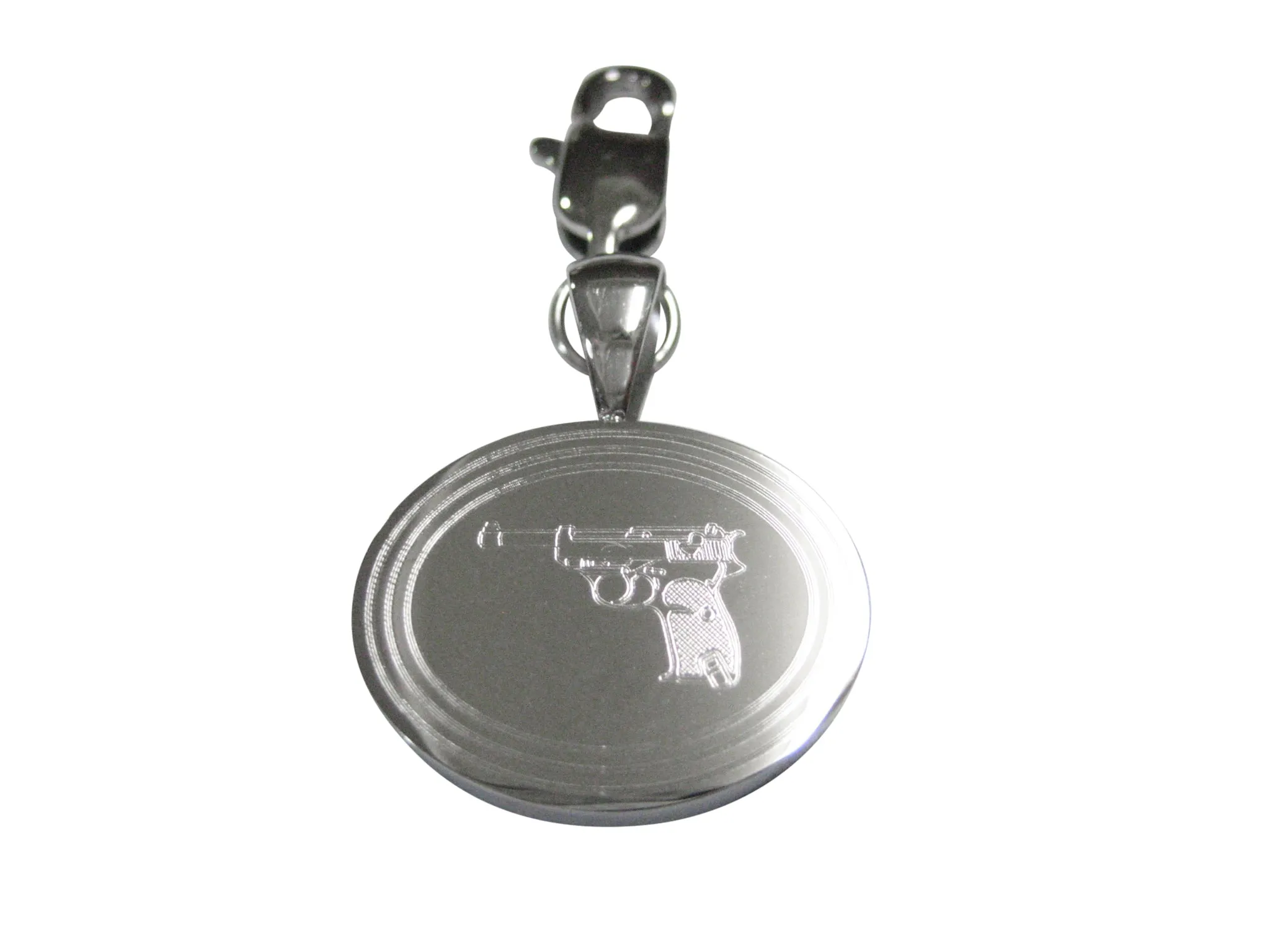 Silver Toned Etched Oval Retro Handgun Pendant Zipper Pull Charm