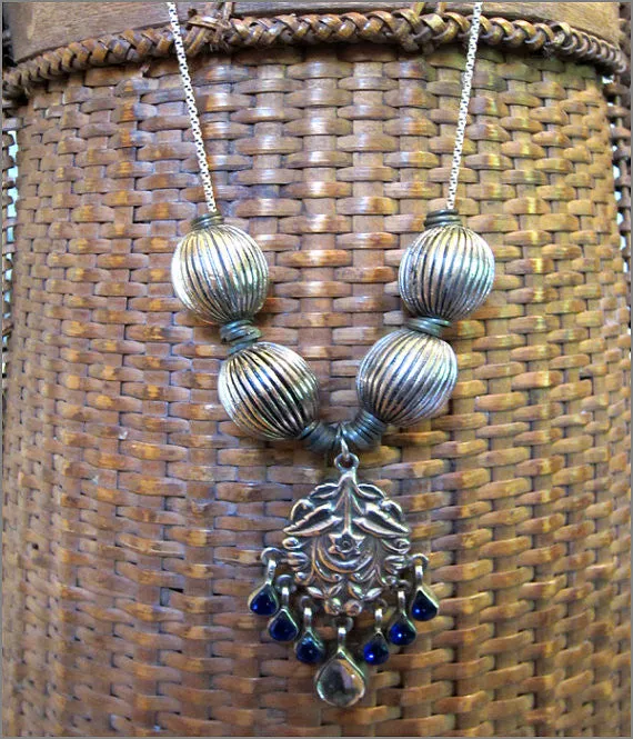 Vintage Indian Silver Pendant Necklace with Cobalt Glass